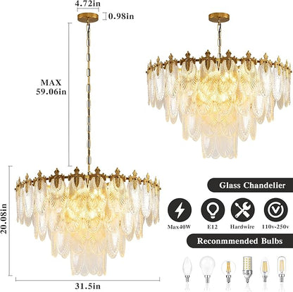 KELUOLY Modern Large Crystal Chandelier, 4-Layer Gold Glass Chandelier, 12 Light Round Antique Ceiling Pendant Light, 31.5 Inchs Adjustable Height for Foyer, Living Room, Bedroom, Dining Room