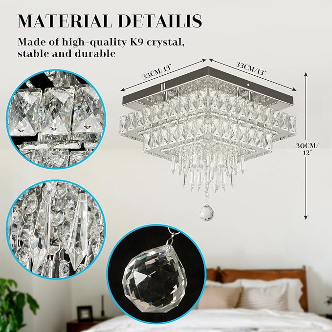 Finktonglan Crystal Chandeliers, 13'' Modern LED Chandelier Ceiling Light with Multilayer Crystal, Square Flush Mount Ceiling Light for Dining Room Bedrooms Entryway Living Room (Multicolor)