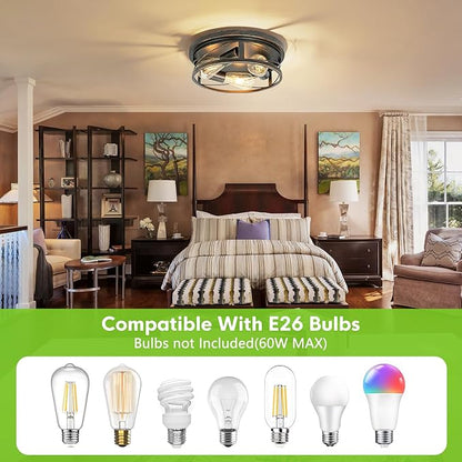 Farmhouse Ceiling Light - Dimmable Rustic Black Flush Mount E26 Industrial Ceiling Modern Led for Hallway Livingroom Kitchen Bedroom (1 Pack - Black Gold, 12 Inch - 3 Lamp Holders)