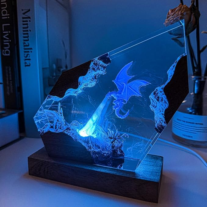 Epoxy Ice Dragon Resin Lamp, Handmade Resin Night Light with USB Port, Multi-Color LED Light, Ideal Bedroom Home Decor, Unique Birthday Holiday Gifts for Father Men Husband Boyfriend Him Her (6"x4")