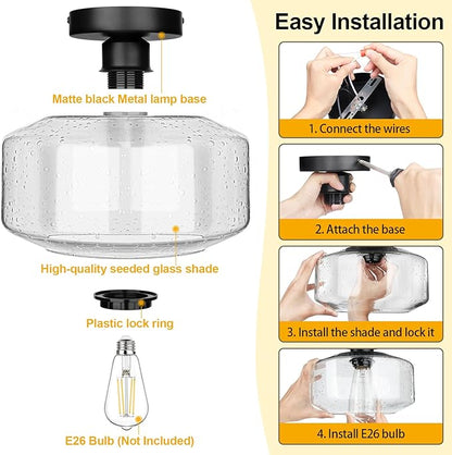 SunRider Industrial Semi-Flush Mount Ceiling Light Fixture, Seeded Glass Lamp Shade, Black Metal Farmhouse Lights for Hallway Kitchen Bedroom, X-Large