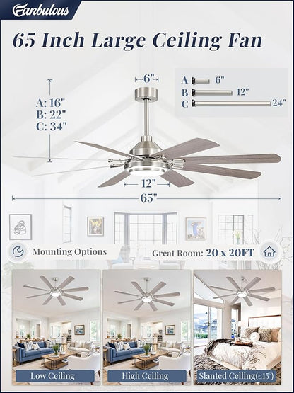 Fanbulous 65 Inch Ceiling Fans with Lights and Remote, Brushed Nickel Ceiling Fan with 8 Dual-Color Blades, Indoor/Outdoor Large Ceiling Fans, Reversible DC Motor, 6-Speed, 3CCT for Living Porch Patio