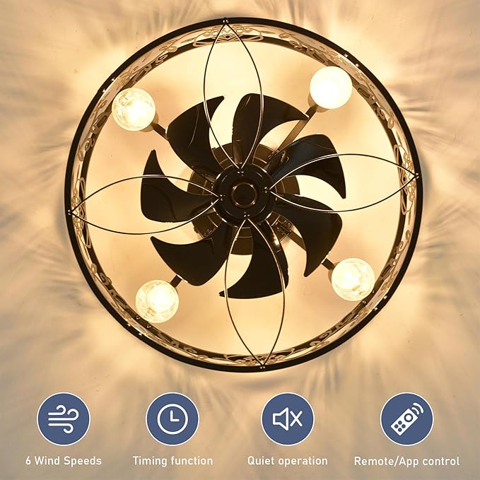 Garwarm Caged Ceiling Fan with Light,20" Ceiling Fans with Lights and Remote,Flush Mount Bladeless Fandelier,Small Low Profile Ceiling Fan for Bedroom,Kitchen,Dining Room,Black