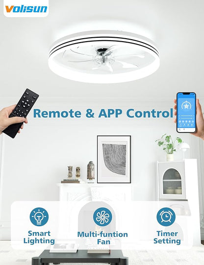 VOLISUN Low Profile Ceiling Fans with Lights and Remote, 23.6in Flush Mount Ceiling Fan with Light, 3000K-6500K Dimmable Fandelier LED Fan Light, White Bladeless Ceiling Fans with Lights for Bedroom