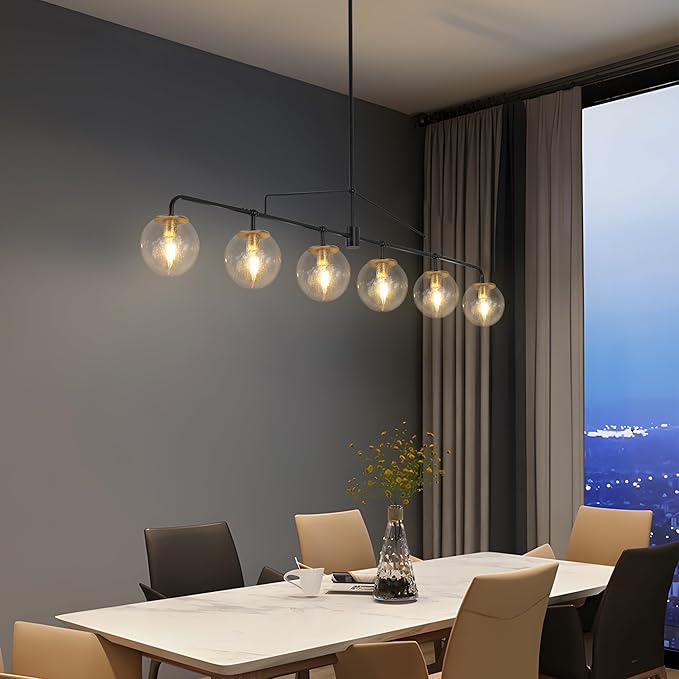 Modern Linear Chandelier Black and Gold Chandelier Dining Room Light Fixture 6 Lights Linear Pendant Light with Seedes Glass Globe Shade for Farmhouse Island Over Tble, Length 51.58 Inch