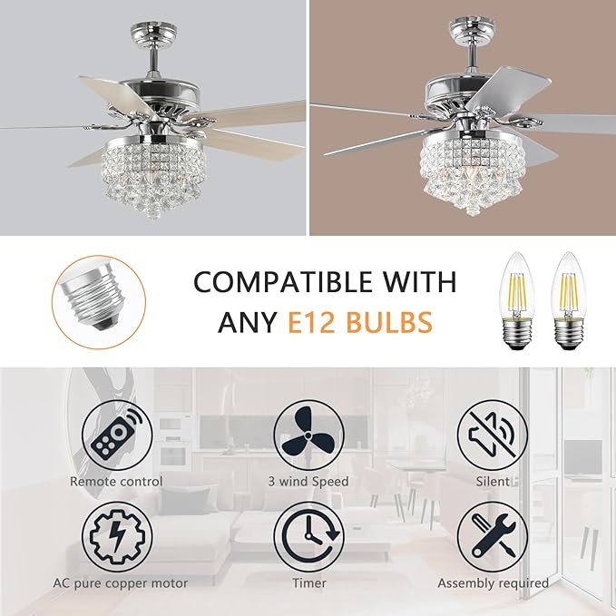 52Inch Crystal Ceiling Fan with Lights, 5 Wood Blades and Gorgeous Light Fixture, Modern Fandelier Ceiling Fan with Noiseless Motor, Chandelier Fan with Remote for Bedroom,Living Room