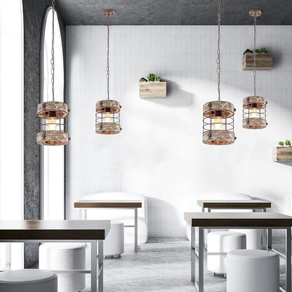 Retro Industrial Metal and Wood Chandelier 1-Light Round Cage Pendant Light Fixture for Kitchen Island Foyer Hallway Bar Dining Room Restaurant, D 7.8" x H 8.58" (White Brown)