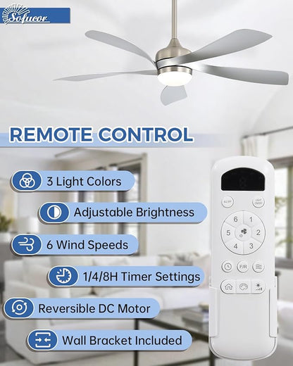 Sofucor 52 Inch Ceiling Fans with Lights and Remote, Outdoor Ceiling Fan with Light 6-Speed 3 CCT 3-Timer, Modern Low Profile Ceiling Fan 5 Blade Reversible DC Motor for Living Room Bedroom Patio