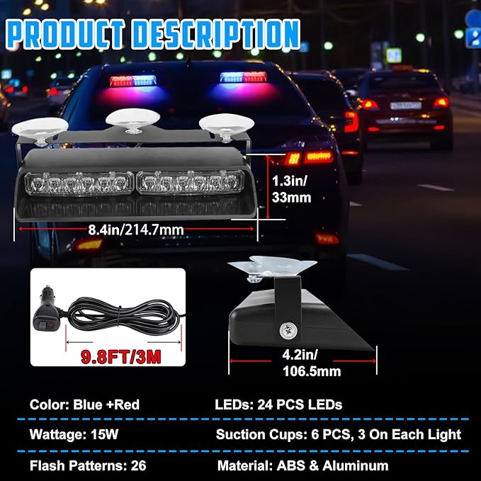 Red & Blue LED Windshield Dash Strobe Lights, 26 Modes 12/24V 2 x 8.4” Red Blue Warning Light, Emergency Traffic Advisor Front/Rear Window Dash Strobe Lights for Trucks Vehicles