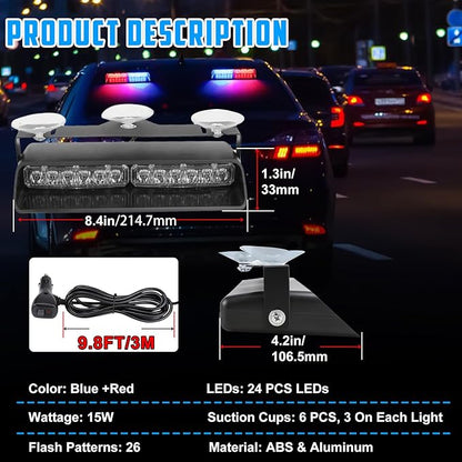 Red & Blue LED Windshield Dash Strobe Lights, 26 Modes 12/24V 2 x 8.4” Red Blue Warning Light, Emergency Traffic Advisor Front/Rear Window Dash Strobe Lights for Trucks Vehicles