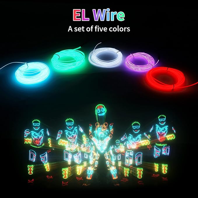 EL Wire Neon Wire Neon Light 9.84ft DIY Neon Glowing Flexible Electroluminescent Wire Light Kit for Parties Halloween Christmas Bike Clothing Decoration (Red Green White Ice Blue Purple 5 Pack)