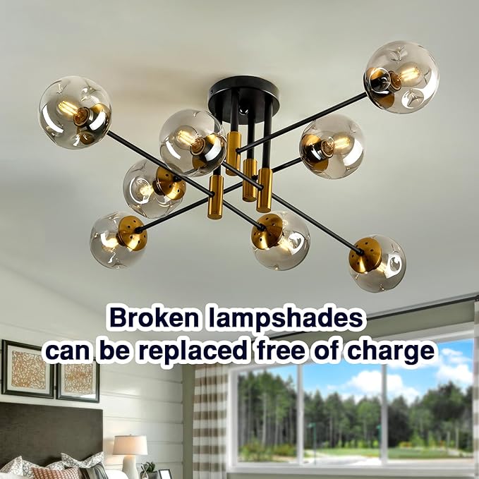 8 Light Glass Globe Ceiling Light Black and Gold Mid Century Flush Mount Sputnik Light Fixture Bubble Chandelier Living Room Farmhouse for Dining Room Kitchen Bedroom.