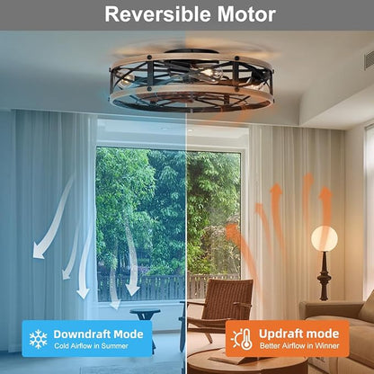 SHLUCE 22" Low Profile Caged Ceiling Fan with Light, Farmhouse Flush Mount Bladeless Ceiling Fans with Lights and Remote, Rustic Fandelier Ceiling Fan with Light for Kitchen, Bedroom - ETL