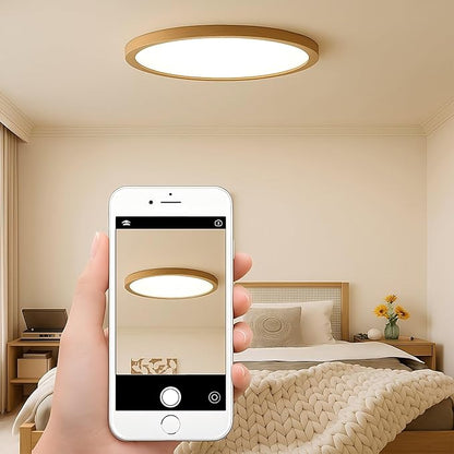 Ultra-Thin LED Ceiling Light Fixture 20.47", Handcrafted Walnut Wood Modern Wabi-Sabi Style, Slim 2.5cm Profile, 37W LED 3000K-4000K-6000K, Round Minimalist Lamp for Bedroom Kitchen Hallway