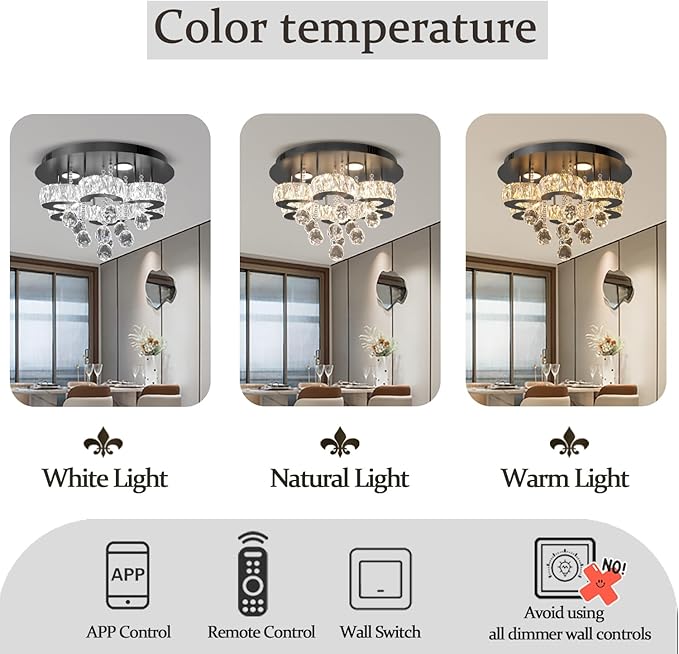 Flashing God 16" Small Crystal Chandelier LED Ceiling Light Fixtures Stainless Steel Flush Mount Ceiling Chandeliers Light for Bedroom,Foyer,Hallway