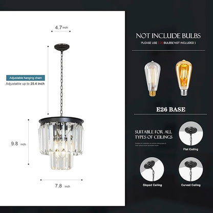 Modern Mini Crystal Chandeliers Small Pendant Light Contemporary Ceiling Pendant Light Fixture for Dining Room, Bedroom, Kitchen Island Entryway 8 Inches, Black