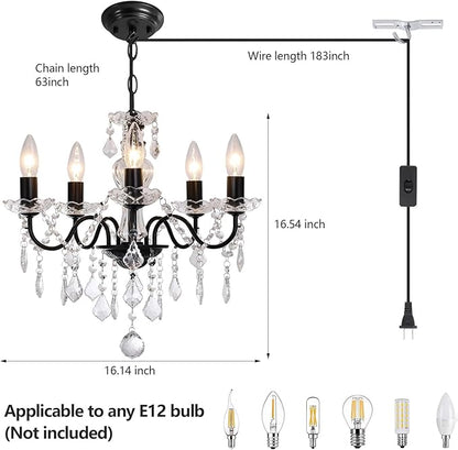 Plug in Modern 5-Light Black Chandelier with Glass Crystals, Candle Style Pendant Light Fixtures for Living Room, Girls Room, Kitchen Island, Entryway