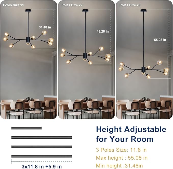 Depuley Modern Black Sputnik Chandelier: 9-Light Crystal Glass Chandelier for Dining Room - Kitchen Table Light Fixture Mid Century Hanging Lamp Height Adjustable for Foyer (Included G9 Bulbs)