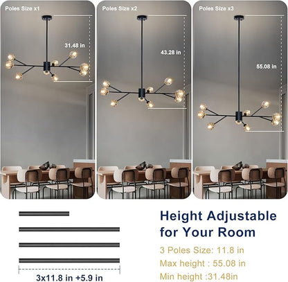 Depuley Modern Black Sputnik Chandelier: 9-Light Crystal Glass Chandelier for Dining Room - Kitchen Table Light Fixture Mid Century Hanging Lamp Height Adjustable for Foyer (Included G9 Bulbs)