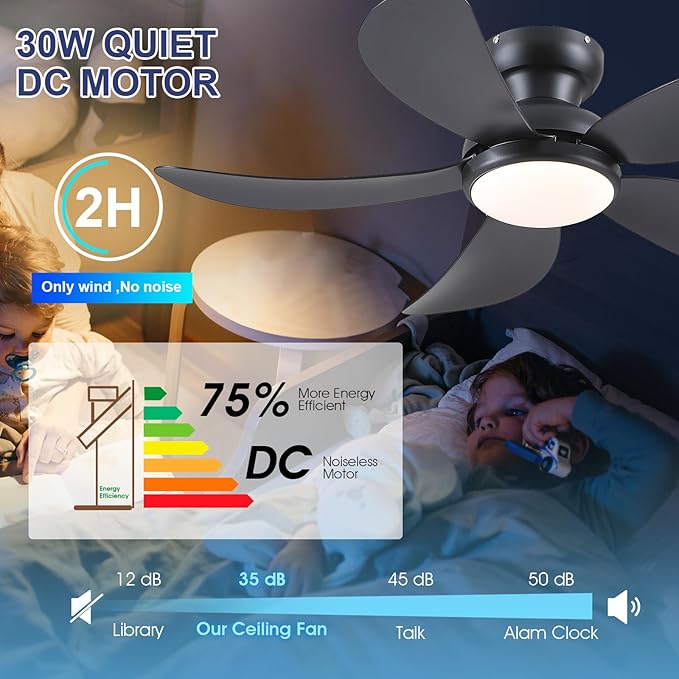 PHORUS 42" Black Low Profile Ceiling Fans with Lights and Remote,Small Flush Mount Ceiling Fans with Quiet Reversible DC Motor, Dimmable 3 CCT