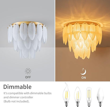 LumFurn D16 inch Modern Glass Chandeliers, 7-Light Elegant Flushmount Ceiling Light Fixture for Dining Room, Living Room & Bedroom, D16 x H14inch, Frosted Feather Glass Shade & Gold Finish Frame