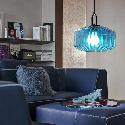 Large Modern Pendant Light Fixtures Dining Room Vintage Glass Ceiling Pendant Lighting Kitchen Sink Blue Hand Blown Glass Shade Black Finish Adjustable Cord Hanging Pendant Light