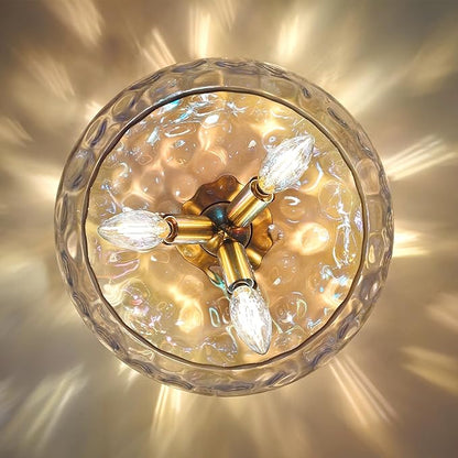 12" Iridescent Rainbow Hammered Glass Ceiling Light, 3-Light Semi Flush Mount Fixture, Modern Gold Lighting for Bedroom, Hallway, Kitchen, Dining Room, Living Room, Foyer