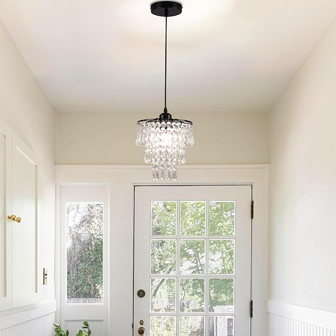 FRIXCHUR Black Small Crystal Chandelier Pendant Light Semi Flush Mount Ceiling Light for Hallway Foyer Closet Bedroom, 7.9 Inch