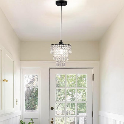 FRIXCHUR Black Small Crystal Chandelier Pendant Light Semi Flush Mount Ceiling Light for Hallway Foyer Closet Bedroom, 7.9 Inch
