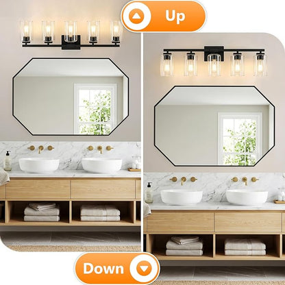 BesLowe 31" 5-Light Bathroom Light Fixture, Modern Black Bathroom Vanity Light, Bathroom Lighting Fixtures Over Mirror, Matte Black Wall Socnce Lamp, Wall Lights for Living Room Bedroom Hallway