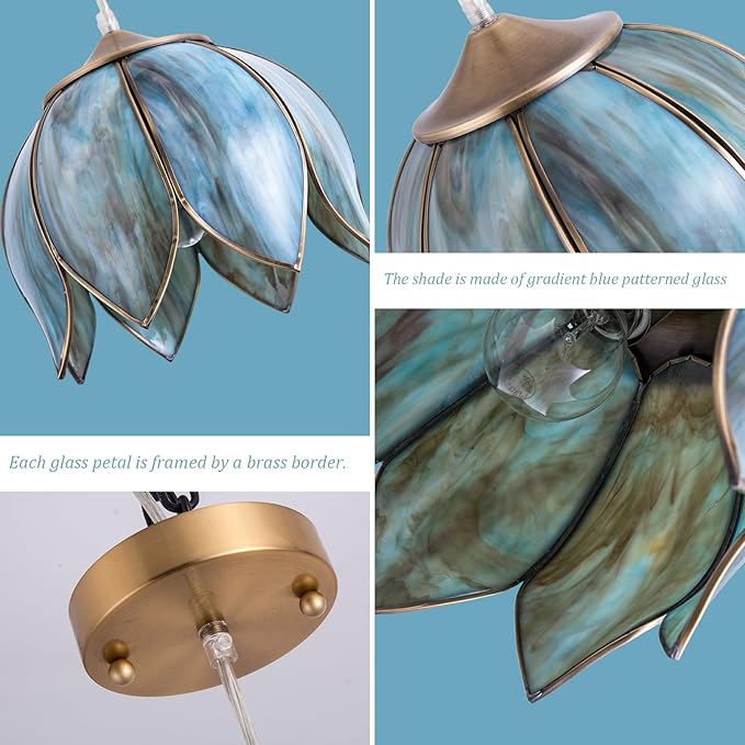 Brass Glass Ceiling Pendant Light, Hanging Chain lamp, with Vintage Lotus Flower Glass Shade for Kitchen Island Dining Room Bedroom Living Room-9.25" Stained Glass Shade