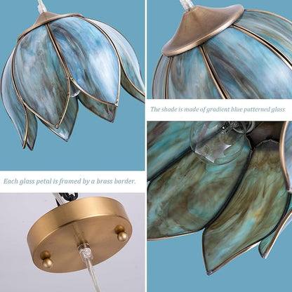 Brass Glass Ceiling Pendant Light, Hanging Chain lamp, with Vintage Lotus Flower Glass Shade for Kitchen Island Dining Room Bedroom Living Room-9.25" Stained Glass Shade