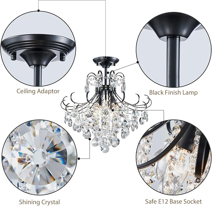18'' Crystal Chandelier Light Fixture, Modern Semi Flush Ceiling Light for Dining Living Room Bedroom Kitchen Entryway Hallway, 4 Lights Black Ceiling Lamp