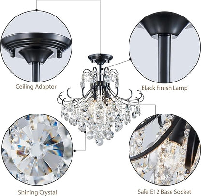 18'' Crystal Chandelier Light Fixture, Modern Semi Flush Ceiling Light for Dining Living Room Bedroom Kitchen Entryway Hallway, 4 Lights Black Ceiling Lamp