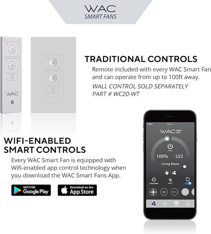 WAC Smart Fans Swirl Indoor and Outdoor 3-Blade Smart Home Ceiling Fan 54in Matte White Adjustable CCT 2700-3000-4000-5000K LED Light Kit and Remote Control works with Alexa and iOS or Android App