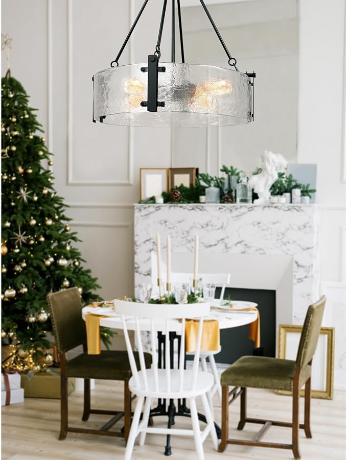 IKK Black Modern Textured Glass Chandelier for Dining Room, 21" Glass Drum Chandelier Light Fixture, Crystal Round Hanging Light for Living Room, Bathroom,Foyer, Kitchen Island, Bedroom