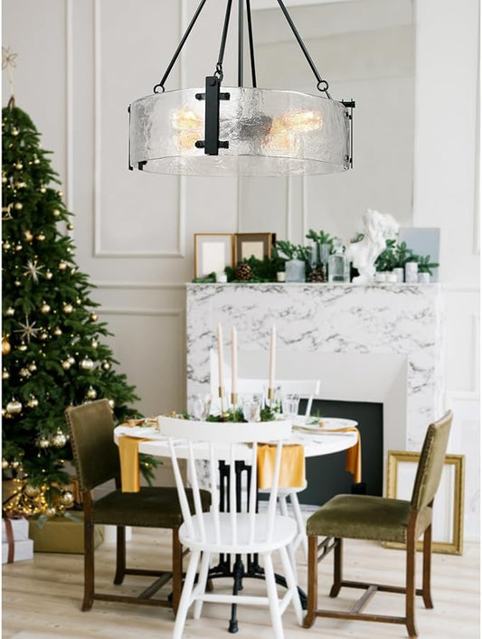 IKK Black Modern Textured Glass Chandelier for Dining Room, 21" Glass Drum Chandelier Light Fixture, Crystal Round Hanging Light for Living Room, Bathroom,Foyer, Kitchen Island, Bedroom