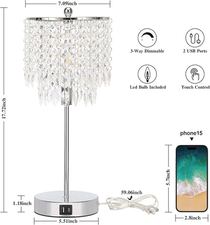 Crystal Table Lamp Set of 2 Touch Control, Crystal Lamps with USB Ports Elegant Shade Bedside Lamp Silver, Dimmable Touch Table Lamp for Nightstand Bedroom Living Room, 4W LED Bulb Included