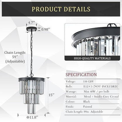 Black 3 Tiers Crystal Pendant Light, 3 Pack Mini Smoke Gray K9 Crystal Chandelier Modern Pendant Light Fixture for Kitchen Island Dining Room Hallway Bedroom Closet