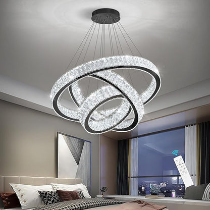 Modern Crystal Chandelier 55W Dimmable LED Chandeliers with Remote Luxury Height Adjustable Pendant Lighting for Living Room Dining Room Black
