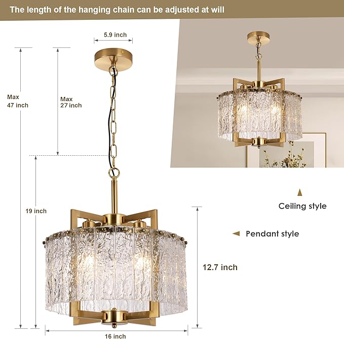16" Gold Chandelier Light Fixture,Brass Pendant Modern Crystal Chandelier,Water Ripple Glass, Adjustable Height, Elegant Round Hanging Lighting for Kitchen Island Entryway Foyer Dining Room