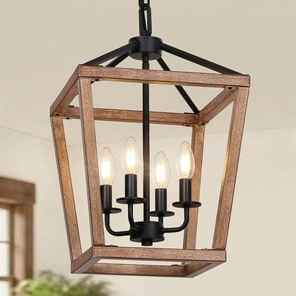 4 Light Farmhouse Chandelier, Lantern Ceiling Light Fixture with Brushed Rustic Wood Metal Cage and Adjustable Chain, E12 Base Geometric Hanging Lights for Dining Room Kitchen Island Entryway, Indoor