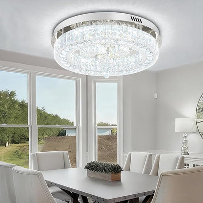 20'' Silver Modern Crystal Chandelier LED Dimmable Flush Mount Crystal Ceiling Light for Living Room Bedroom Dining Room