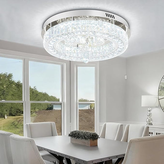 20'' Silver Modern Crystal Chandelier LED Dimmable Flush Mount Crystal Ceiling Light for Living Room Bedroom Dining Room