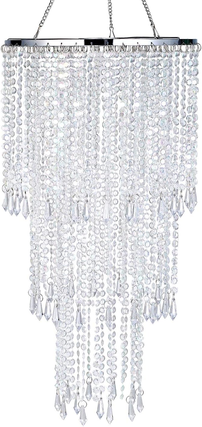 Modern Chrome Beaded Hanging Chandelier (W10.25 x H20”)，3 Tiers Beads Pendant Shade, Ceiling Chandelier Beaded Lampshade with Acrylic Jewel Droplets (Crystal Iridescent)