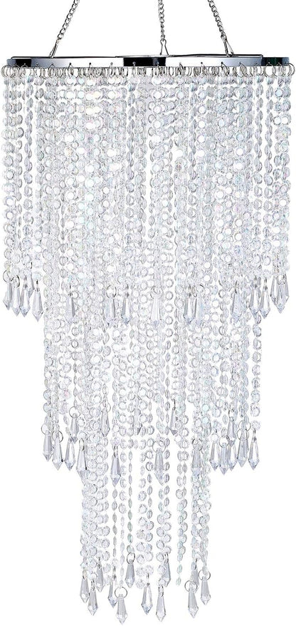 Modern Chrome Beaded Hanging Chandelier (W10.25 x H20”)，3 Tiers Beads Pendant Shade, Ceiling Chandelier Beaded Lampshade with Acrylic Jewel Droplets (Crystal Iridescent)