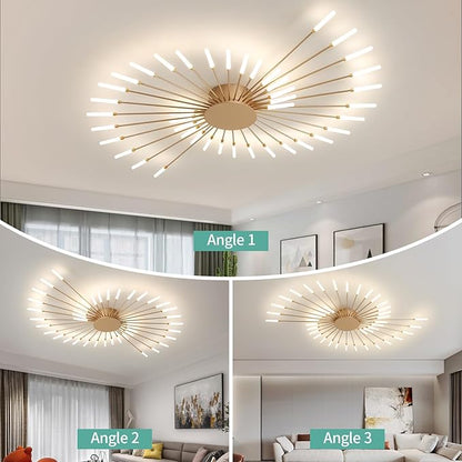 ziidoo Modern Ceiling Light, 42 Lights Metal Firework Designed Chic Led Lighting Fixture for Farmhouse Kitchen Dining Room Bedroom Hallway Living Room (Gold and Dark Gold)