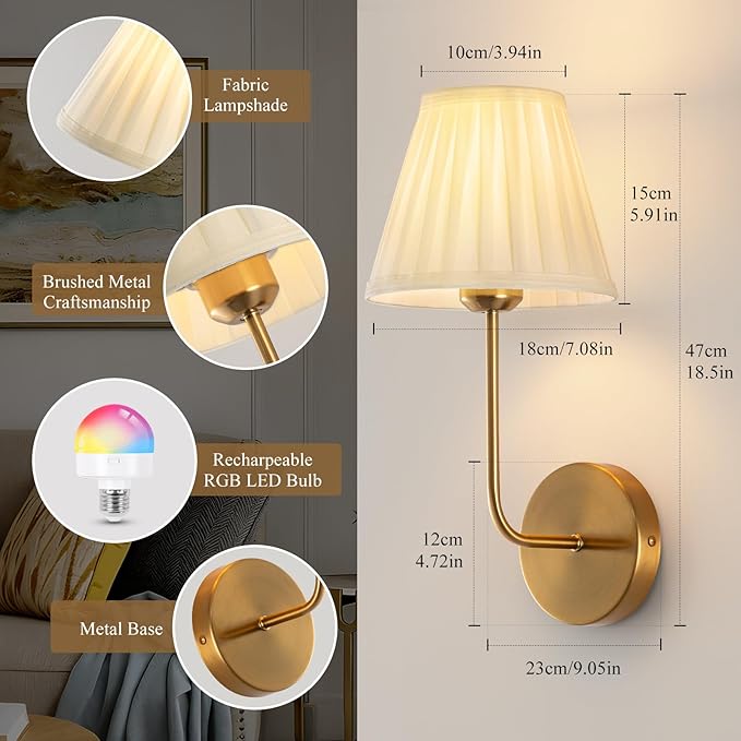 Cordless Wall Sconces Set of 2, Dimmable 15 Colors Rechargeable Battery Operated Wall Sconces, Wireless Gold Vintage Wall Sconce with Fabric for Bedroom Living Room Hallway Wall Decor