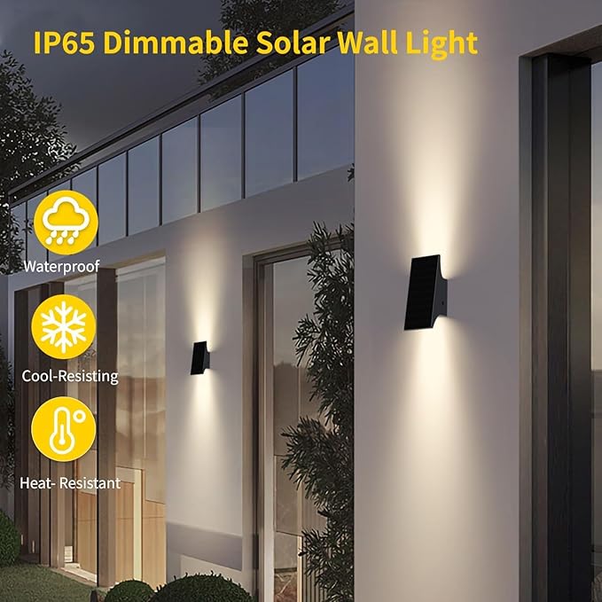 SOTTLOT Solar Outdoor Lights, 3000K 700LM Solar Wall Lights Outdoor Up and Down, Dimmable Solar Sconce Lights, IP65 Waterproof Outdoor Solar Lights for Yard Patio Garage Porch, 1pcs