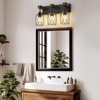 Farmhouse Bathroom Light Fixtures, 3 Light Bathroom Vanity Light with Metal and Glass Lampshade, Wood Rustic Lighting Fixtures Over Mirror, Black Wall Sconces for Living Room, Bedroom